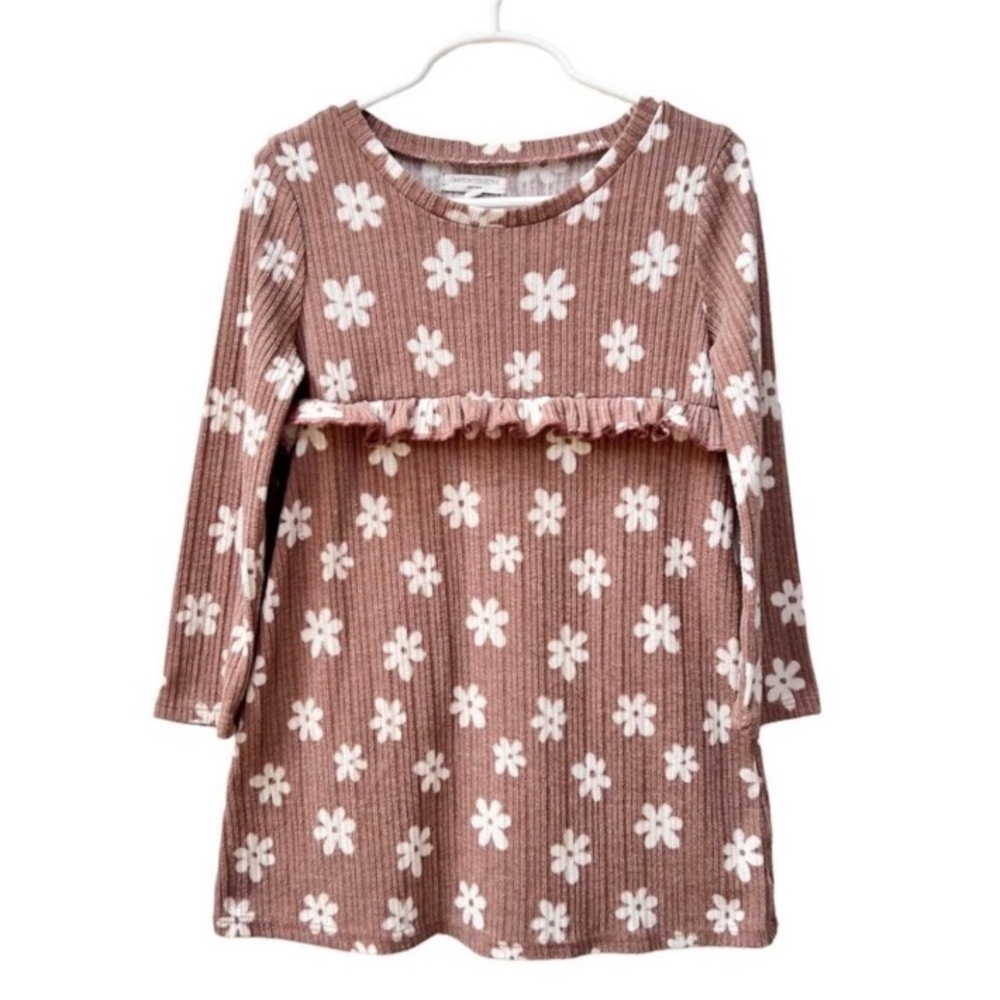 Grayson Collective brown long-sleeve cotton dress with white flowers | Size 4T